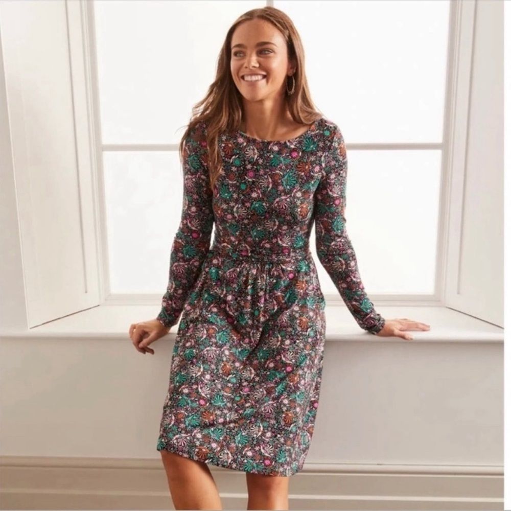 Boden Floral Long Sleeve Dress in Teal, Pink and Brown
